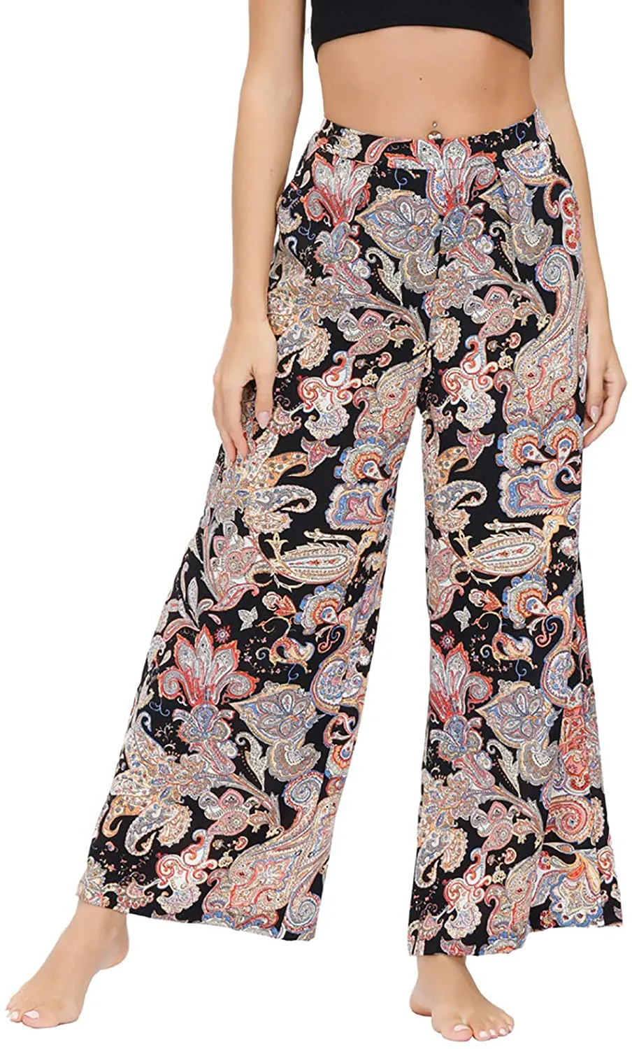 Zexxxy Womens Paisley Printed Wide Leg Pants Elastic Waist Casual Trousers with Pockets Loose Comfy Bottoms